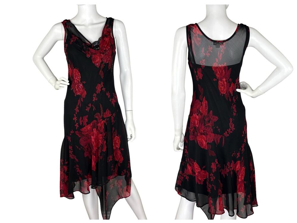Y2K Slip Dress Bias Cut Cowl Neck Asymmetric Whimsigoth Fairy Red Black Size S